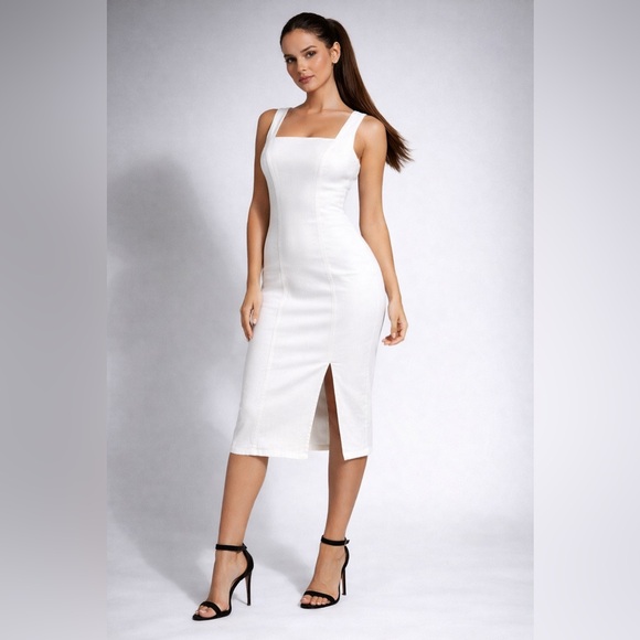 NWT J.Crew Reimagined White Stretch Denim Fitted Midi Dress Slit $175 NWT J.Crew Reimagined White Stretch Denim Fitted Midi Dress Slit $175